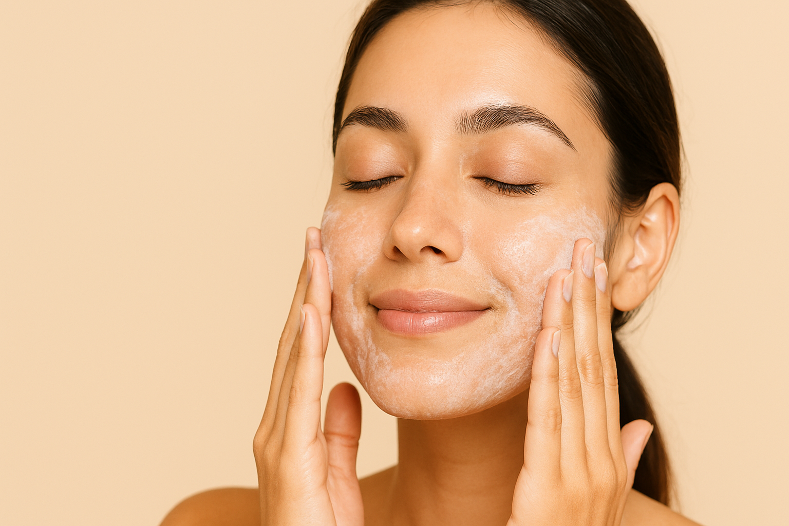 Mulher aplicando gel de limpeza no rosto, com expressão de frescor e pele radiante.