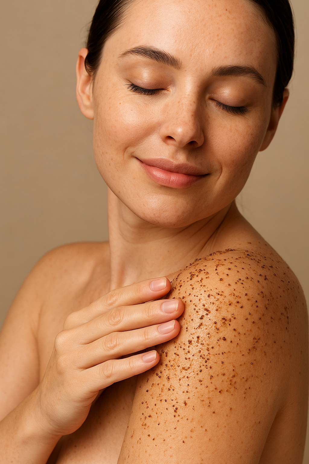 Mãos aplicando esfoliante LOA no rosto e corpo, mostrando textura suave e natural.