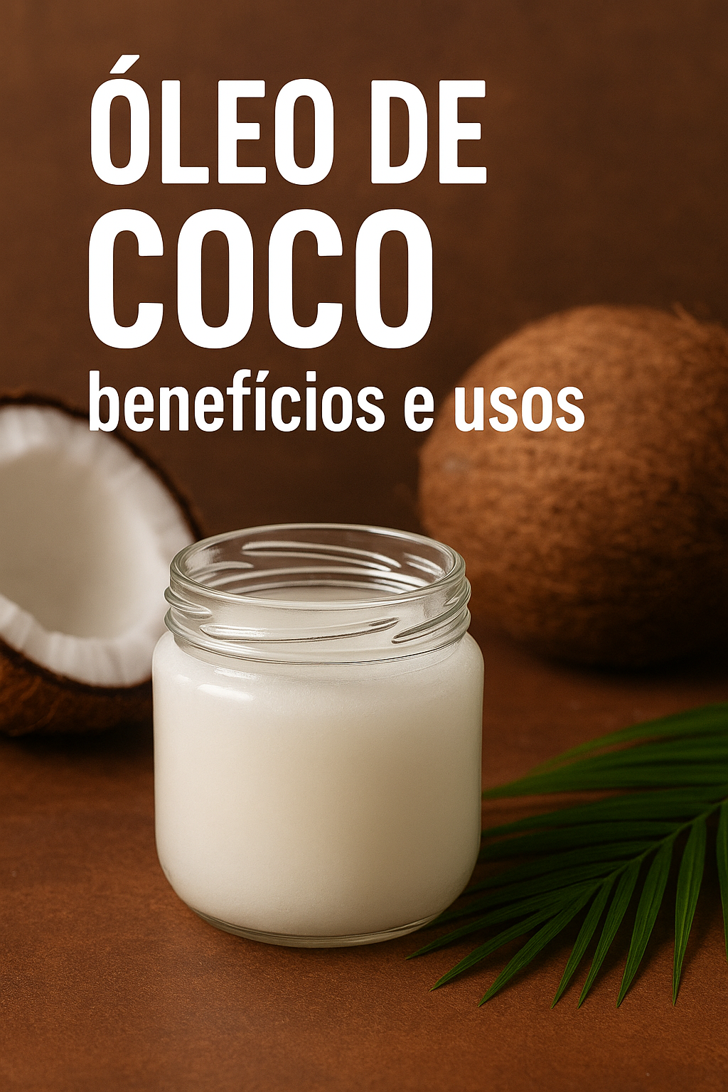 Frasco de óleo de coco ao lado de cocos, representando seus benefícios para saúde, beleza e culinária.