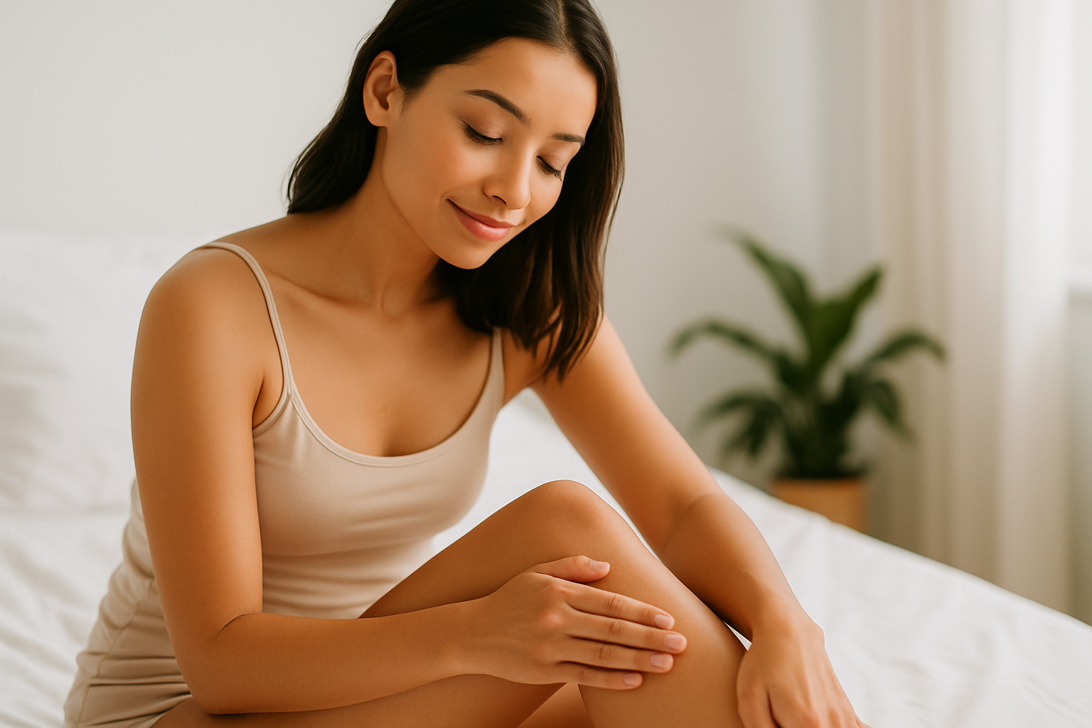 Mulher com pele lisa e radiante tocando suavemente a perna após depilação, transmitindo sensação de conforto e cuidado.