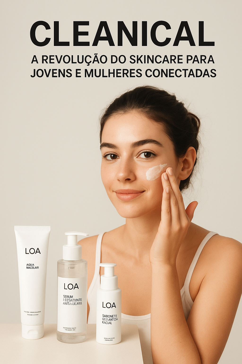 Produtos Cleanical da Loa Cosméticos sobre bancada de skincare, incluindo sérum anti-luz azul e sabonete facial.